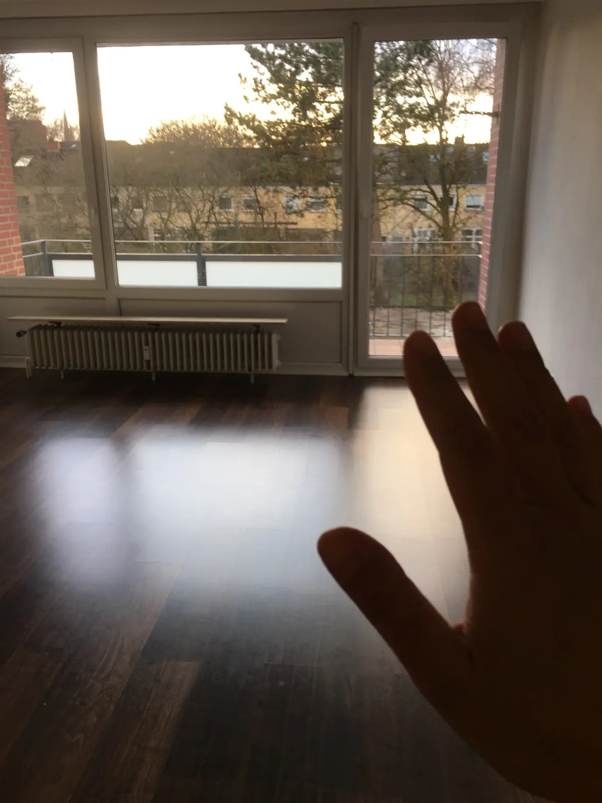 Leeres Wohnzimmer mit Blick auf den Balkon, eine Hand winkt in die Kamera